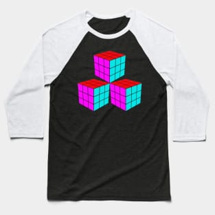 Three Rubik Cubes in a Triangle - Pink, Red and Light Blue Baseball T-Shirt